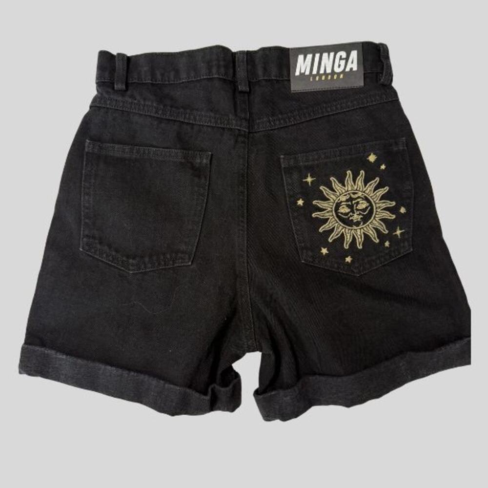 Minga London Celestial Black Denim Shorts - Moon & Stars Embroidery - Size 26 - Picture 2 of 5